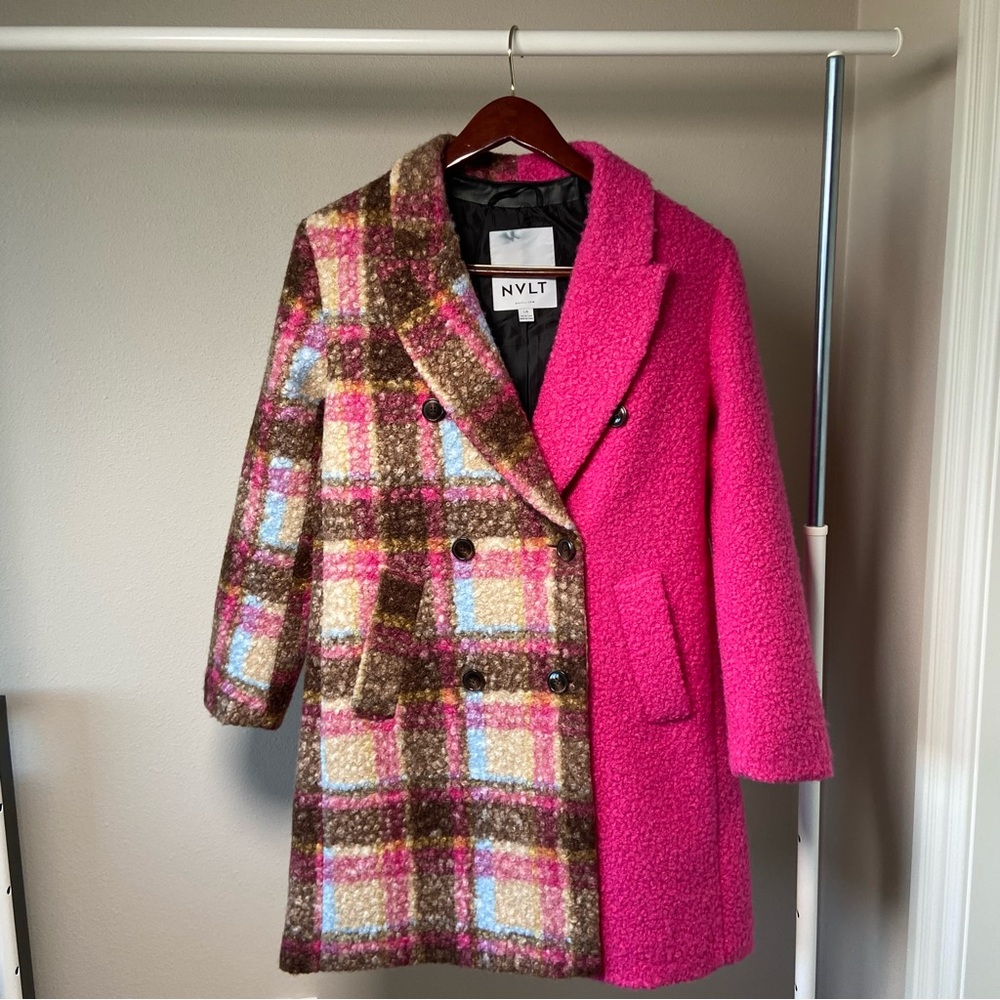 NVLT Colorblock Plaid Faux Astrakhan Pink Coat